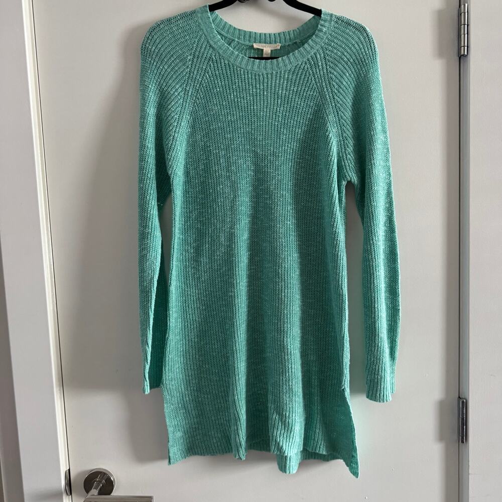New Eileen Fisher Tunic Sweater Green Ribbed Knit Linen Blend Long Sleeve Sz M